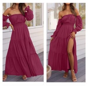 Elegant Off-Shoulder Burgundy Maxi Dress